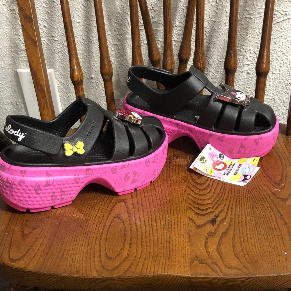 CROCS Kids Black & Hot Pink Platform Sandals with Character Charms